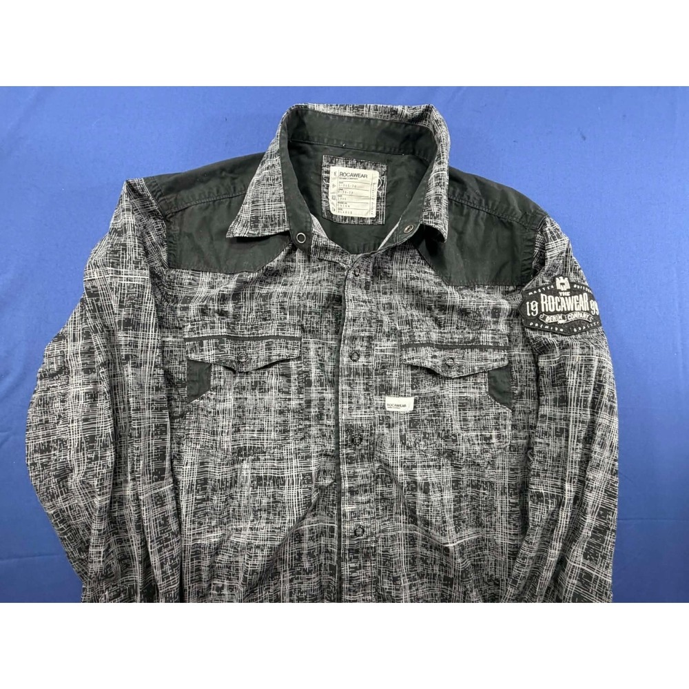 Vintage Rocawear Long Sleeve Button Up Shirt Snap Button Black Gray XL‎